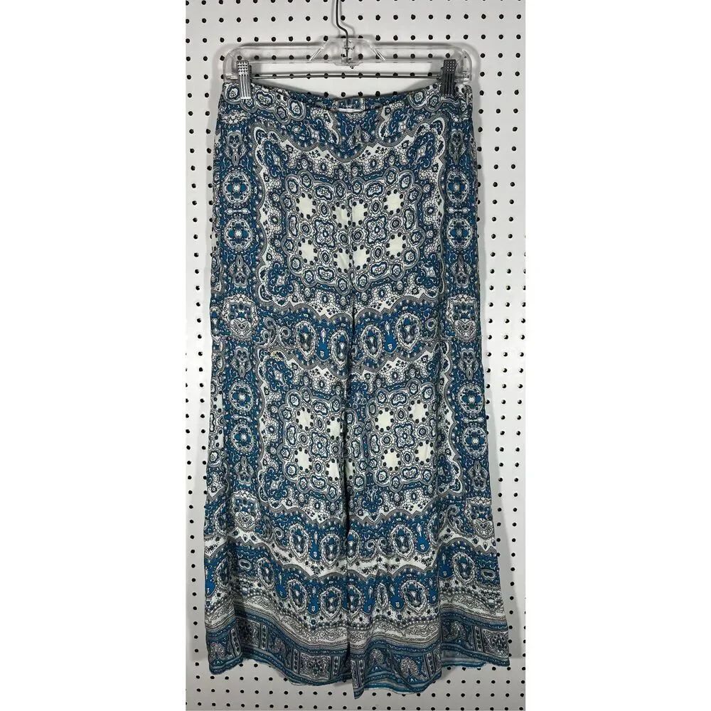 Anthropologie Feather Bone Talese Boho Blue Printed Wide Leg Pants Size 6